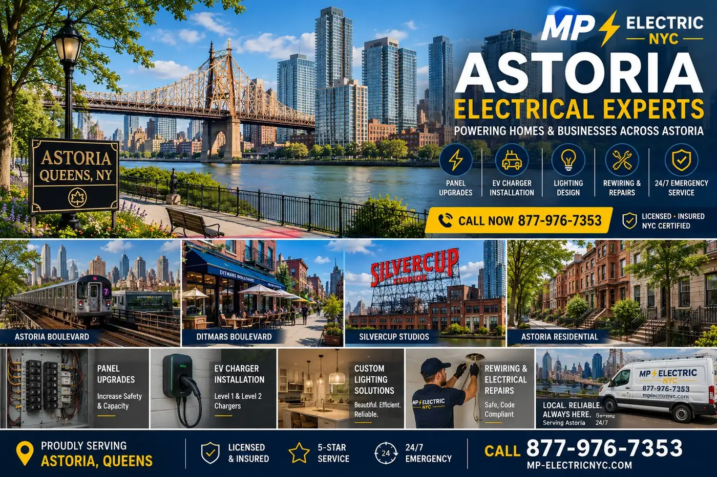 MP Electric NYC — Astoria electrical experts. Panel upgrades, EV charger installation, lighting design, rewiring, and 24/7 emergency service across Astoria, Queens. Call (877) 976-7353.