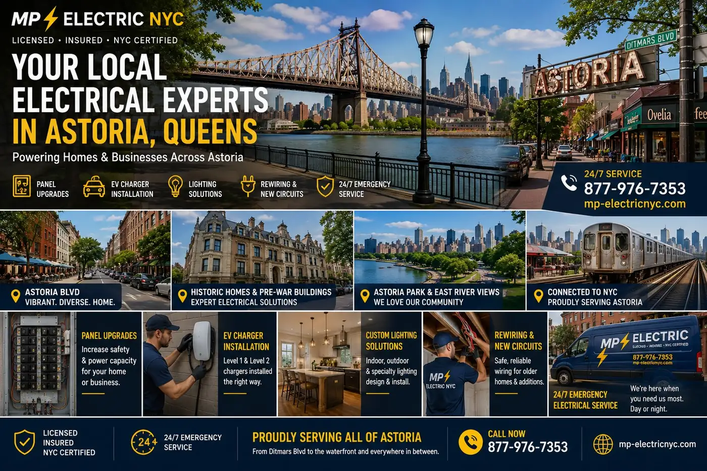 MP Electric NYC — your local electrical experts in Astoria, Queens. Powering homes and businesses from Ditmars Boulevard to the waterfront. Licensed, insured, NYC certified. Call (877) 976-7353.