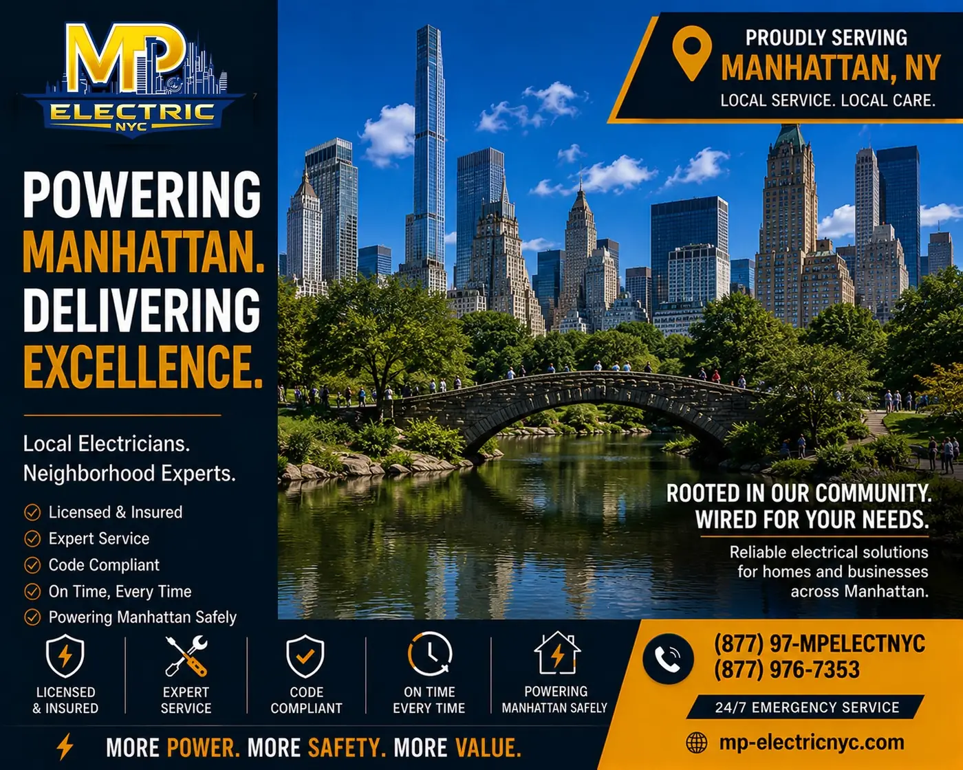 MP Electric NYC — rooted in our community, wired for your needs. Central Park bridge.