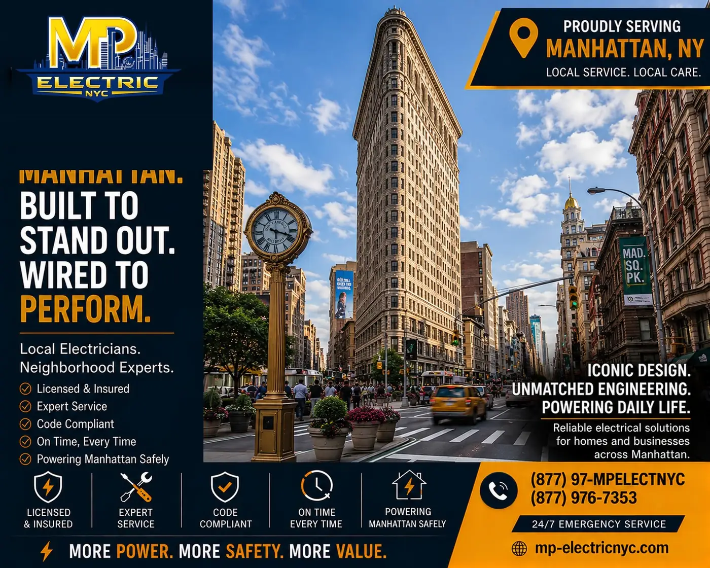 MP Electric NYC powering Manhattan — Flatiron District. Built to stand out, wired to perform.