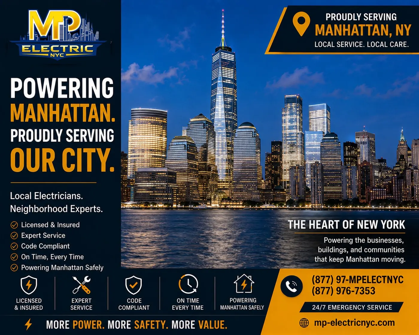 MP Electric NYC — proudly serving our city. One World Trade Center skyline.