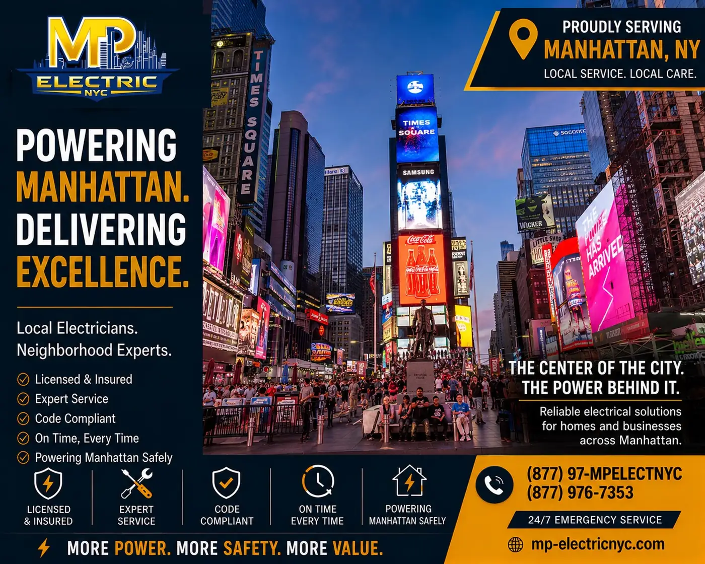 MP Electric NYC — delivering excellence. Times Square, the center of the city.
