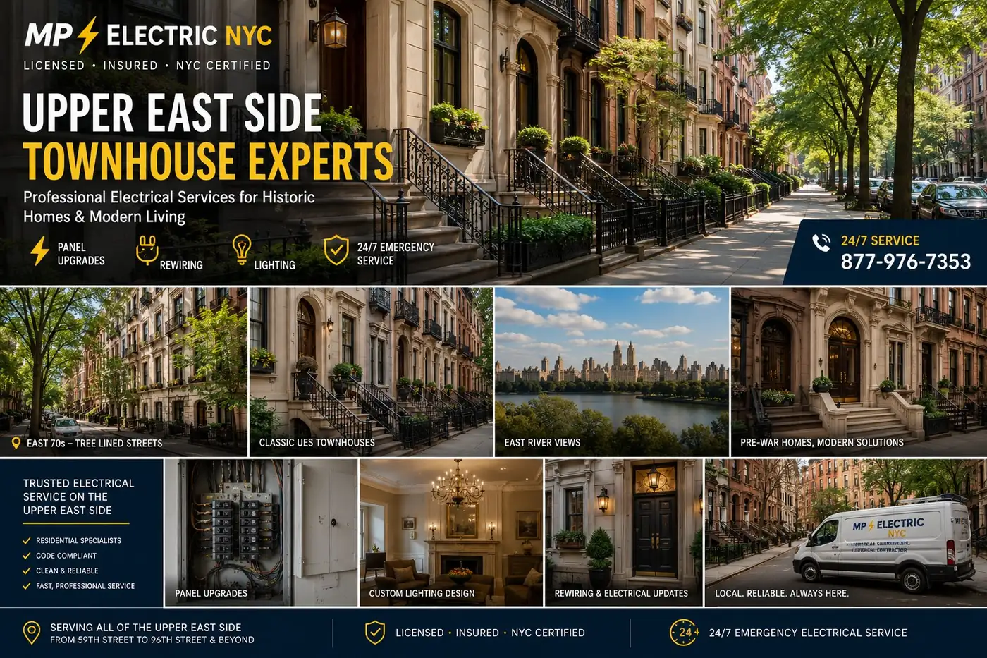 MP Electric NYC — Upper East Side townhouse electrical experts. Panel upgrades, rewiring, lighting, and 24/7 emergency service for historic pre-war homes. Call (877) 976-7353.