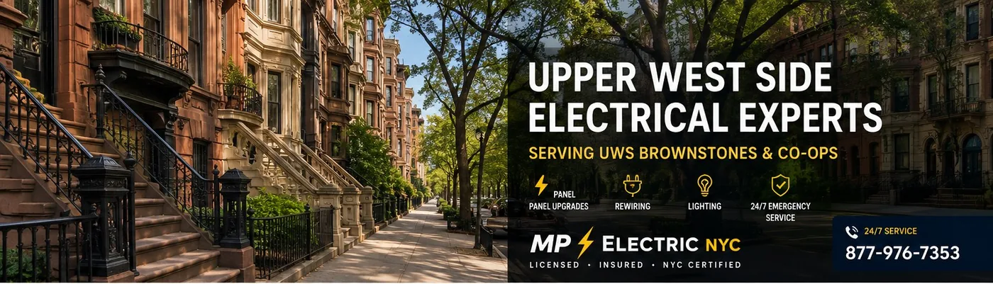 MP Electric NYC — Upper West Side electrical experts serving UWS brownstones and co-ops. Panel upgrades, rewiring, lighting, and 24/7 emergency service. Licensed, insured, NYC certified. Call (877) 976-7353.