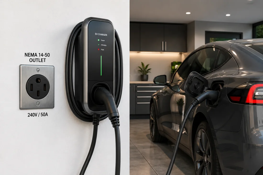 A dedicated 240V NEMA 14-50 circuit powering a Level 2 EV charger in a NYC garage