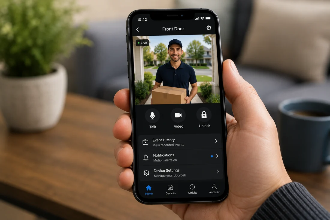 Video doorbell live view on a smartphone — talk, video, and unlock from the app