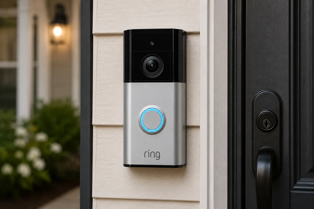 Ring video doorbell professionally installed beside a NYC front door