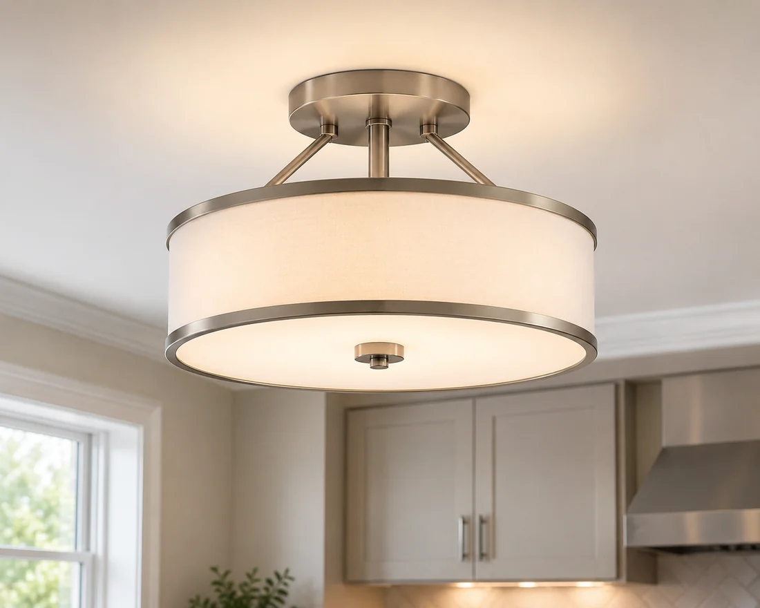 Brushed-nickel drum semi-flush ceiling light installed in an NYC kitchen