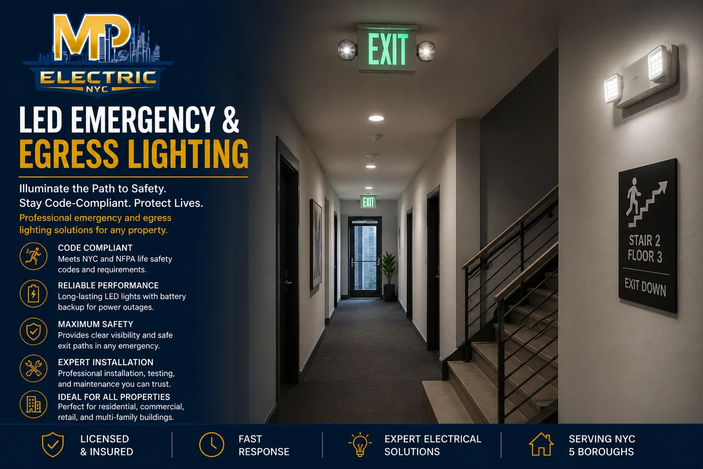 LED emergency and egress lighting with illuminated EXIT signs in a NYC building hallway
