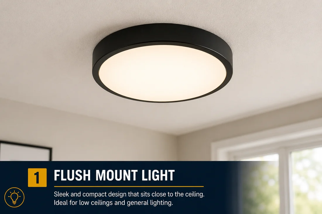 Flush mount light — sleek, compact, sits close to the ceiling; ideal for low ceilings and general lighting