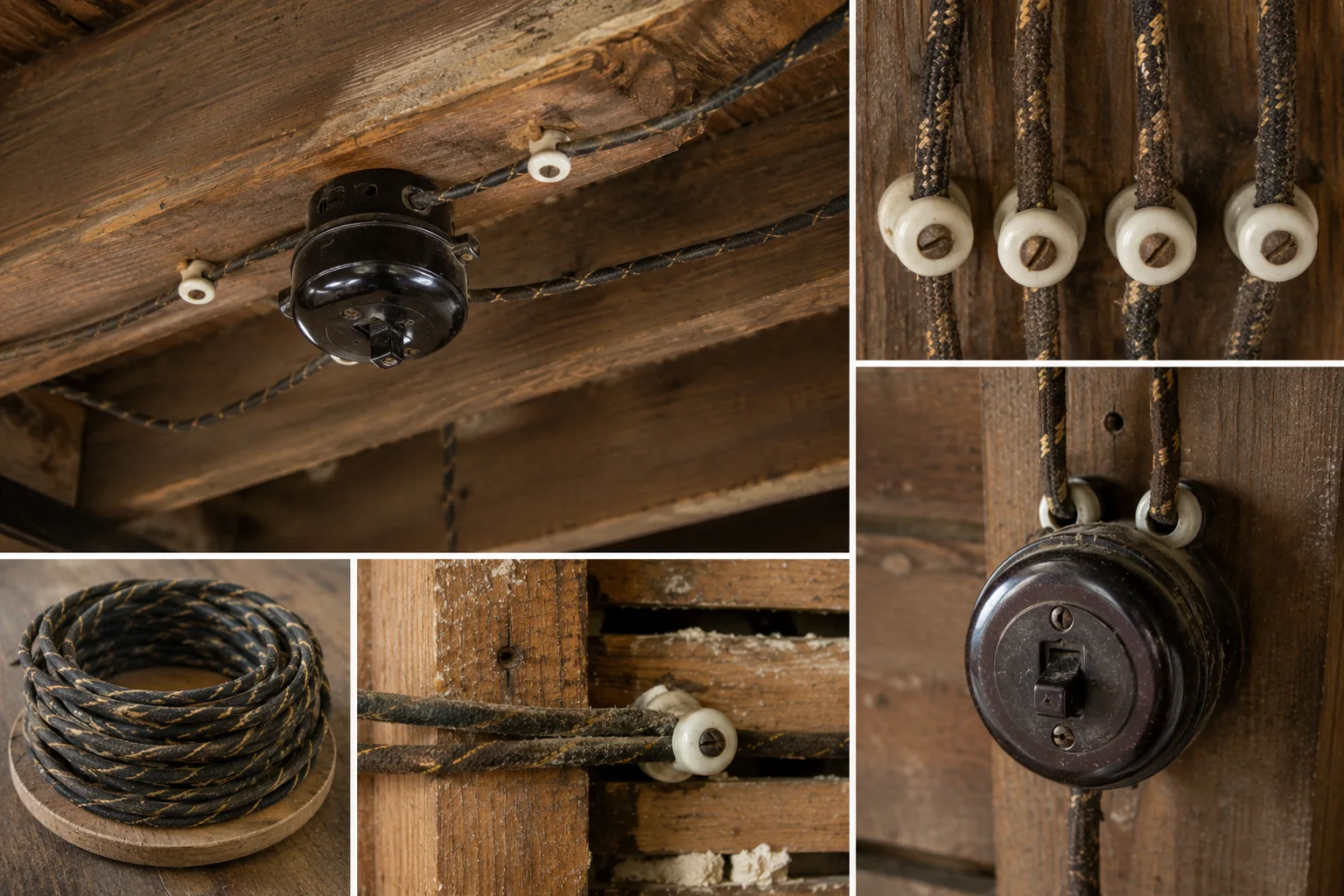 Cloth-insulated (rag) wiring detail — woven cotton jacket over rubber conductors, ceramic knobs and a vintage junction box