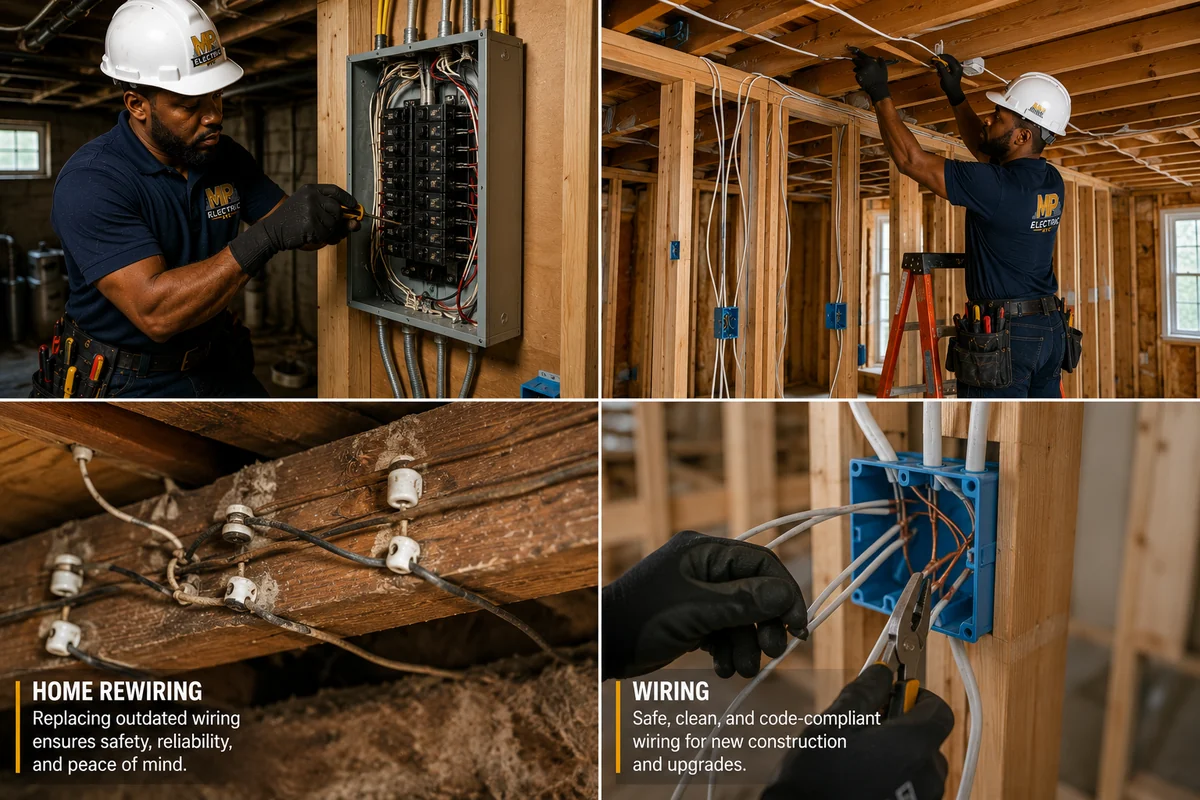 Home rewiring and new construction wiring — panel work, framing runs, old knob-and-tube, and code-compliant junction boxes