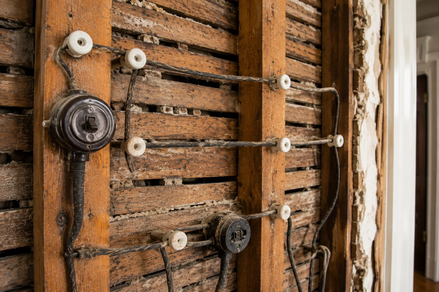 Original knob-and-tube wiring exposed in an NYC wall — ceramic knobs and tubes with cloth-covered conductors