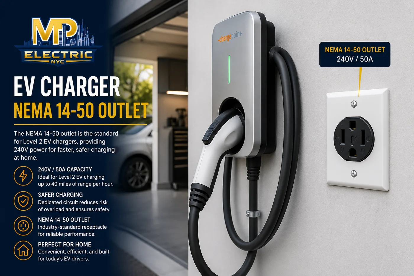 EV charger on a dedicated 240V NEMA 14-50 outlet installed by MP Electric NYC