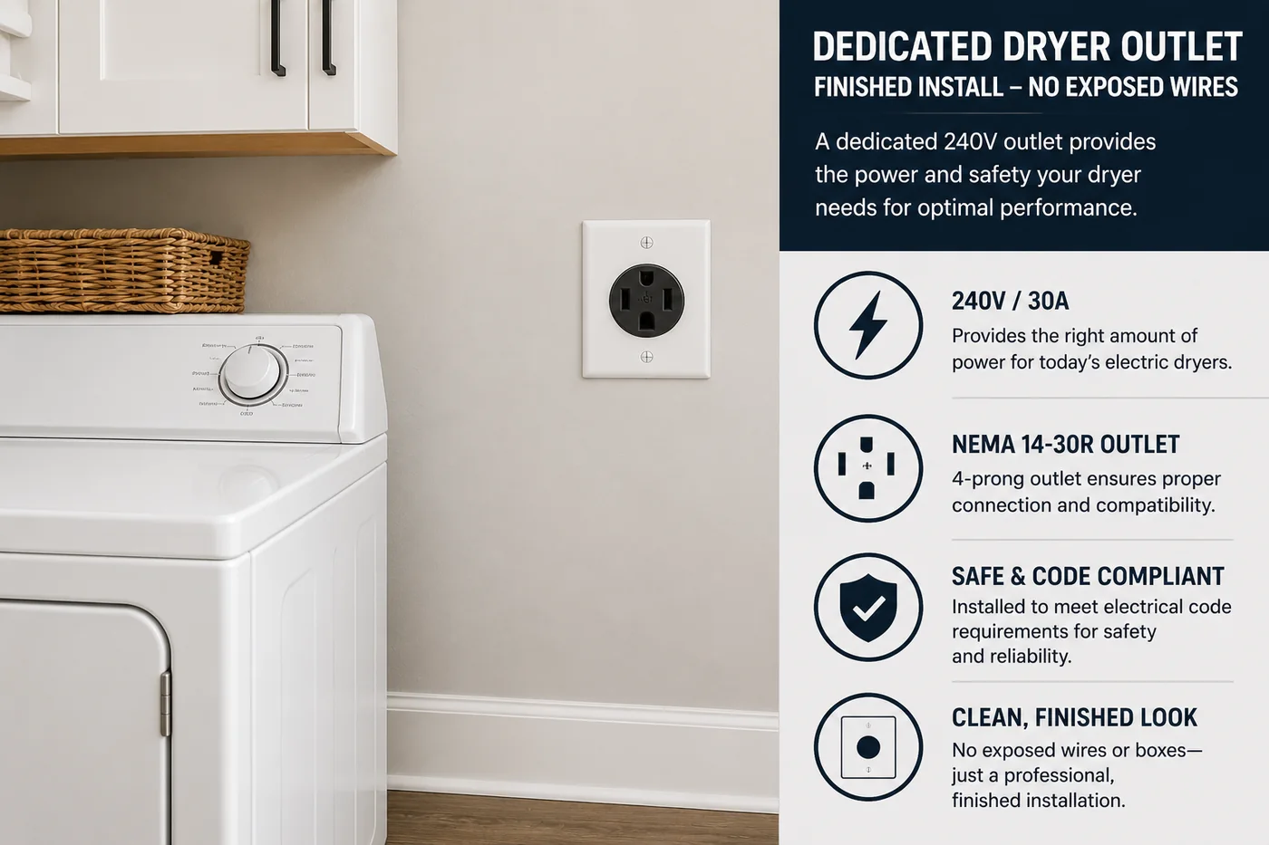 Finished dedicated dryer outlet installation with no exposed wires