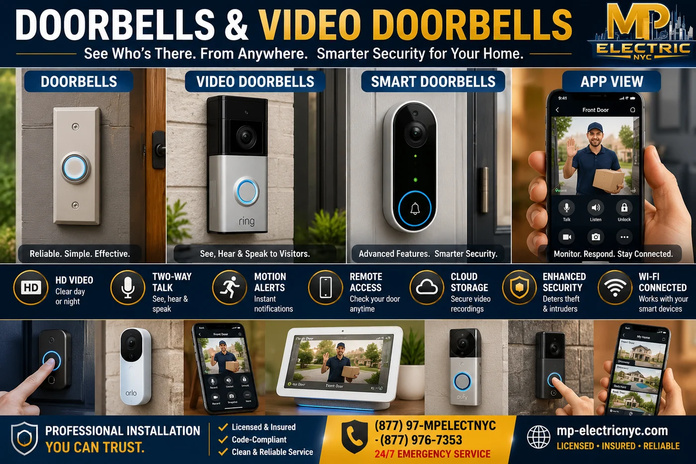Doorbell, video doorbell, smart doorbell and phone app view options