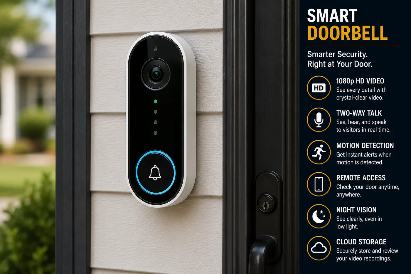 Smart video doorbell features — HD video, two-way talk, motion alerts, night vision