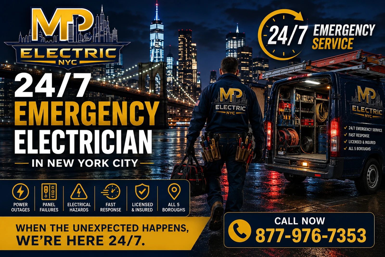 MP Electric NYC — 24/7 emergency electrician in New York City, call 877-976-7353