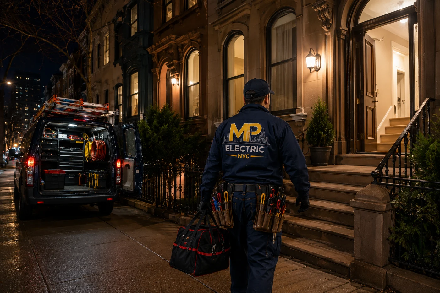 MP Electric NYC emergency electrician arriving at a Brooklyn brownstone at night