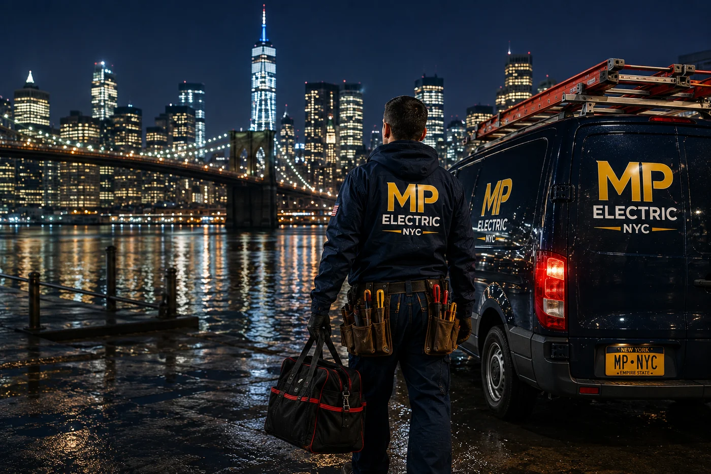 MP Electric NYC emergency electrician and van at night with the Manhattan skyline