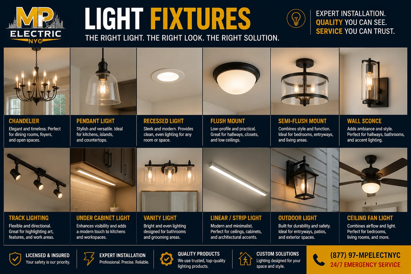 Light fixtures we install — chandeliers, pendants, recessed, flush mount, sconces and more