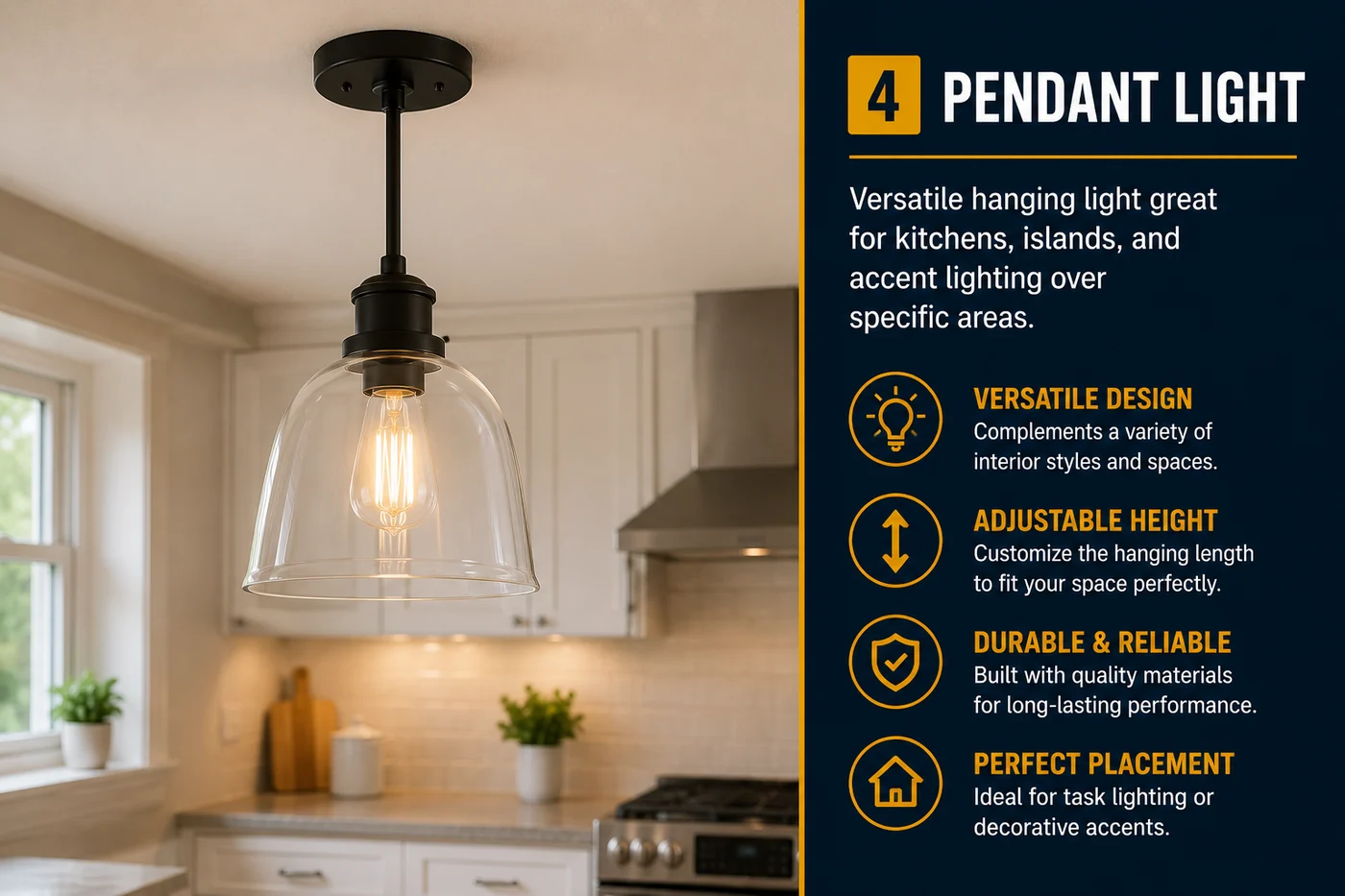 Pendant light installation for kitchens, islands and accent lighting