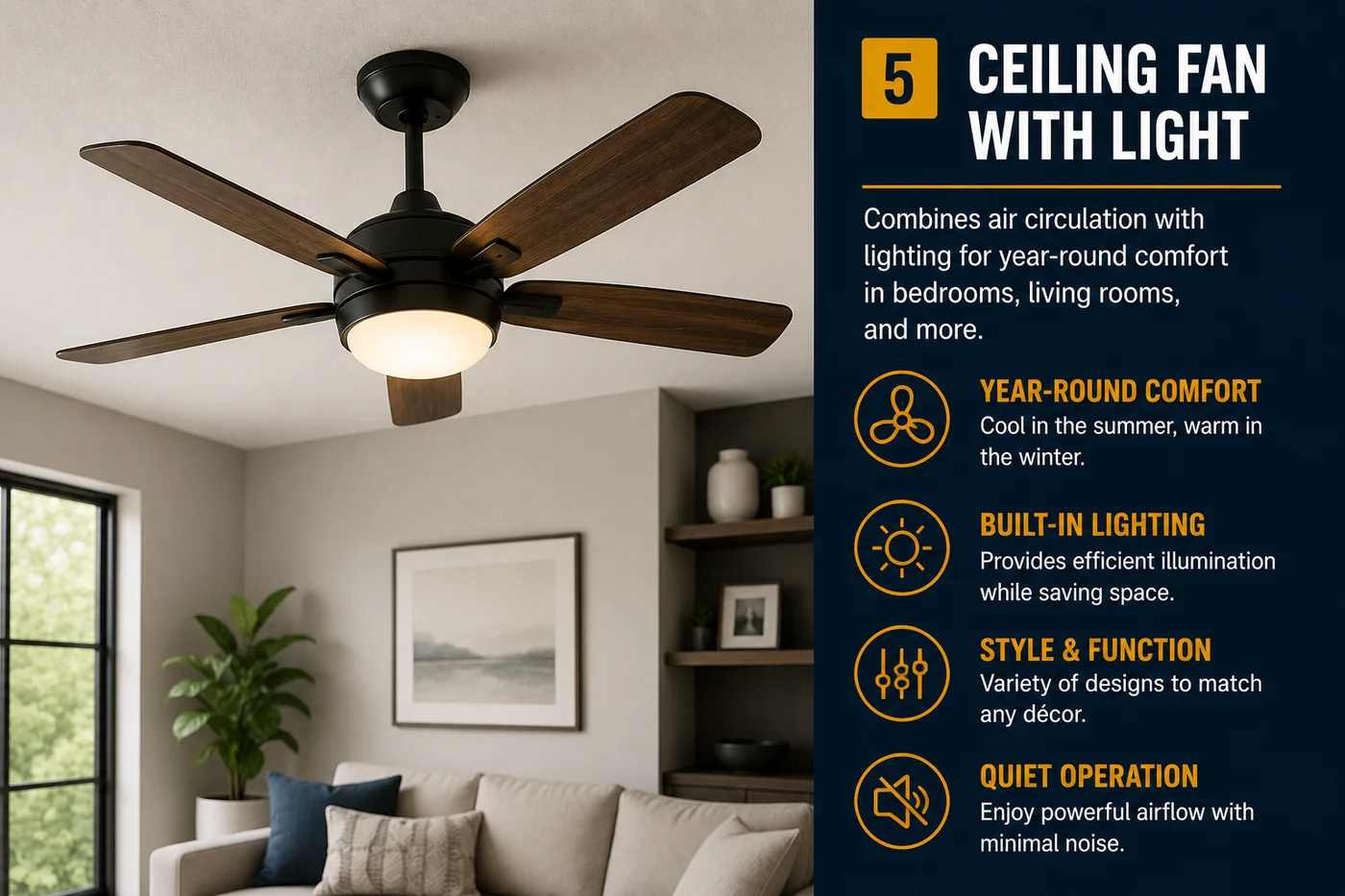 Ceiling fan with light installation for bedrooms and living rooms