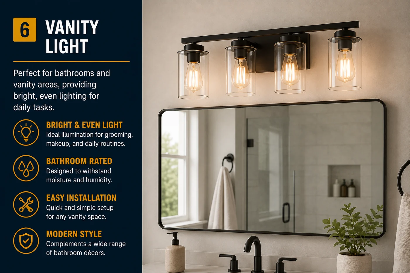 Vanity light installation for bathrooms and grooming areas