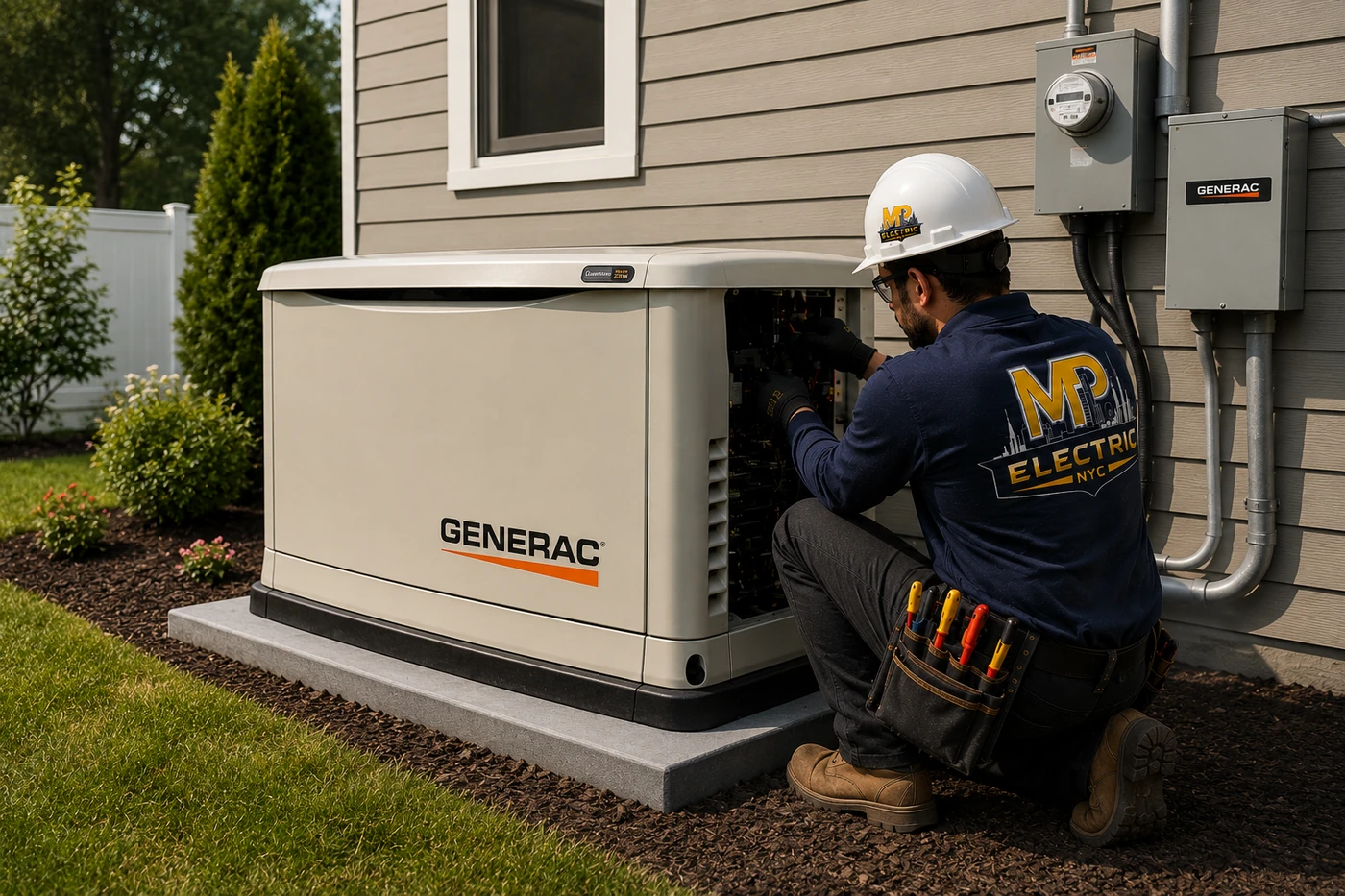 MP Electric NYC technician installing a Generac standby generator at a NYC home