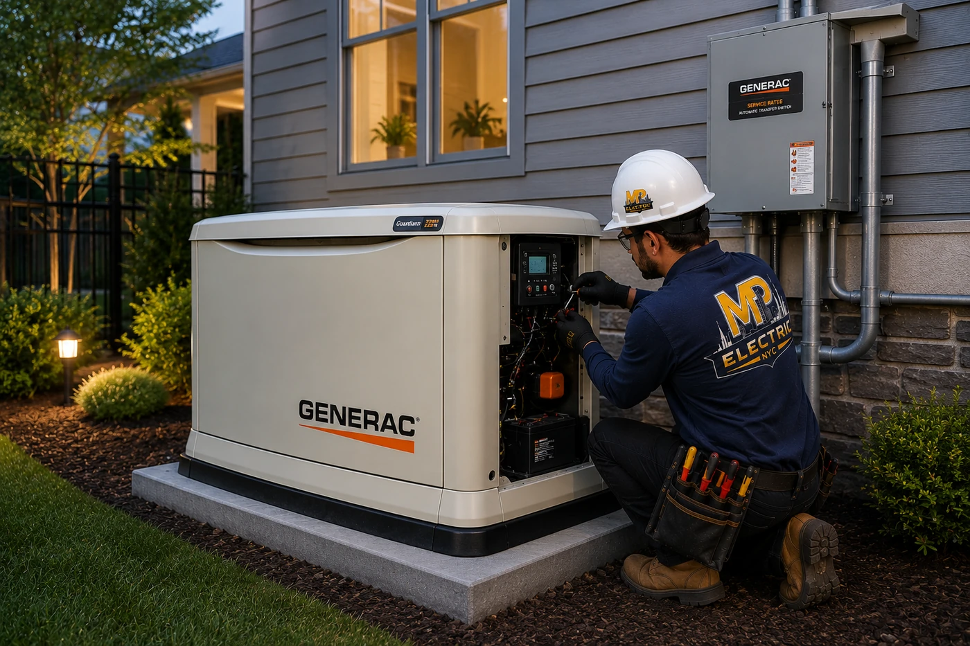 MP Electric NYC generator installation at a NYC home at dusk