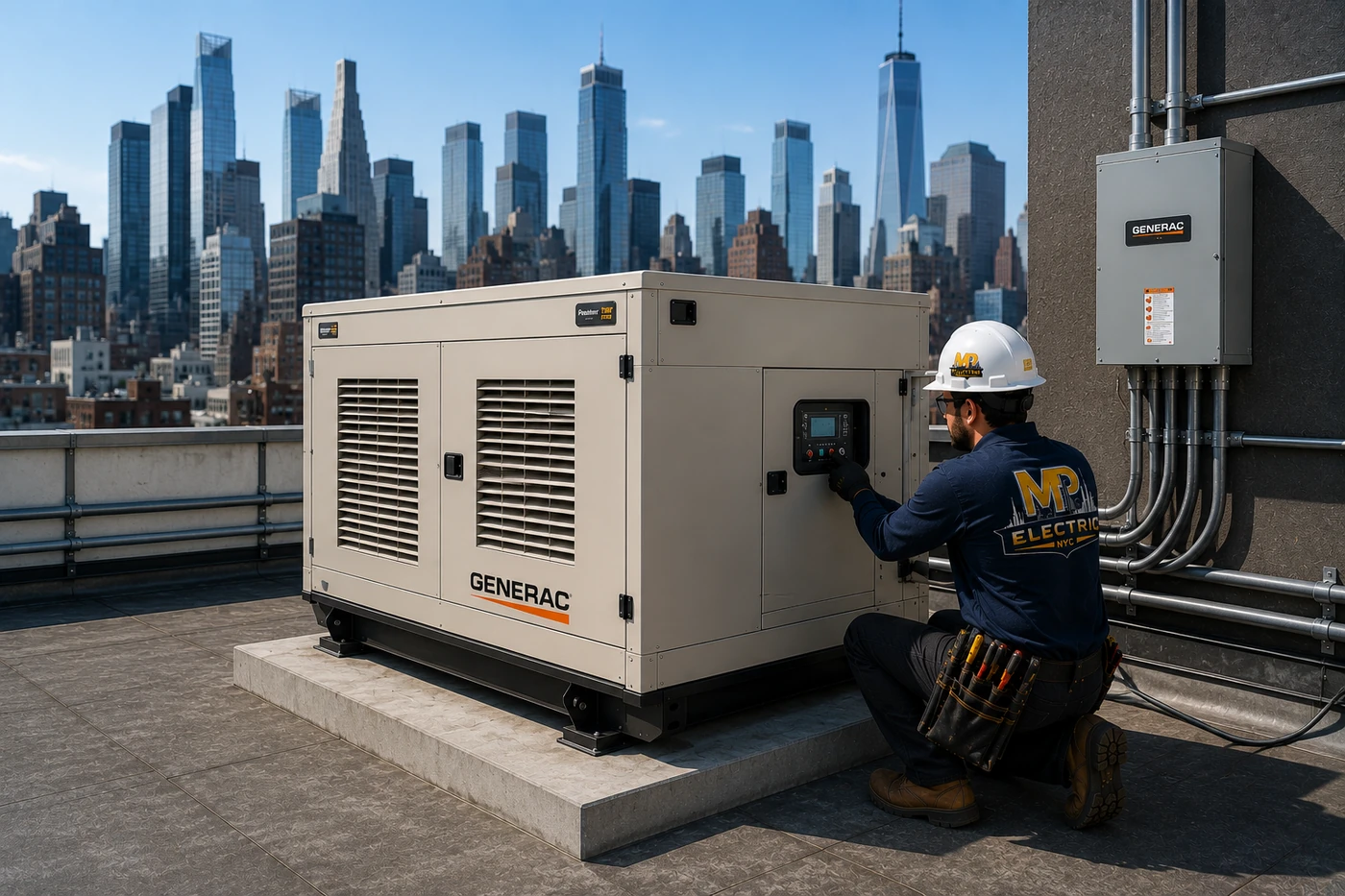 MP Electric NYC commercial generator installation on a NYC rooftop with skyline