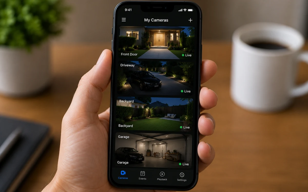 Live security camera feeds on a smartphone — Front Door, Driveway, Backyard, Garage