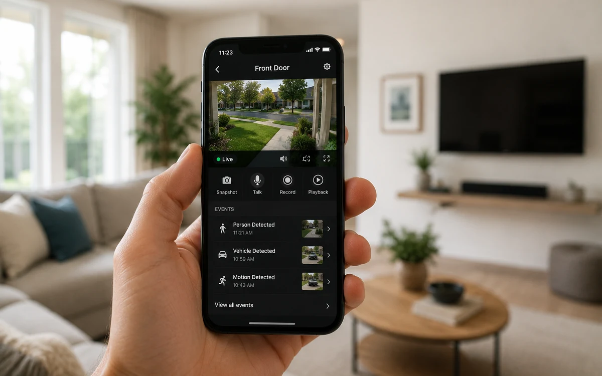 Security app showing Person Detected, Vehicle Detected and Motion Detected events