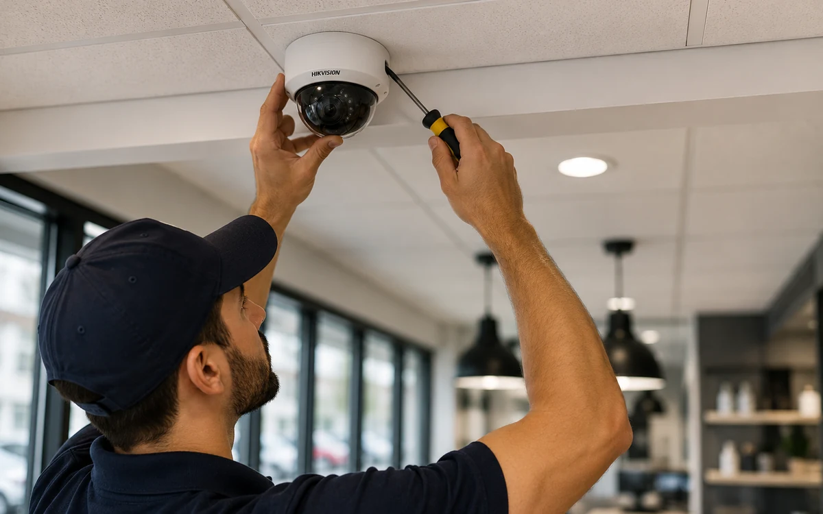 MP Electric NYC technician installing an indoor dome security camera in an office ceiling