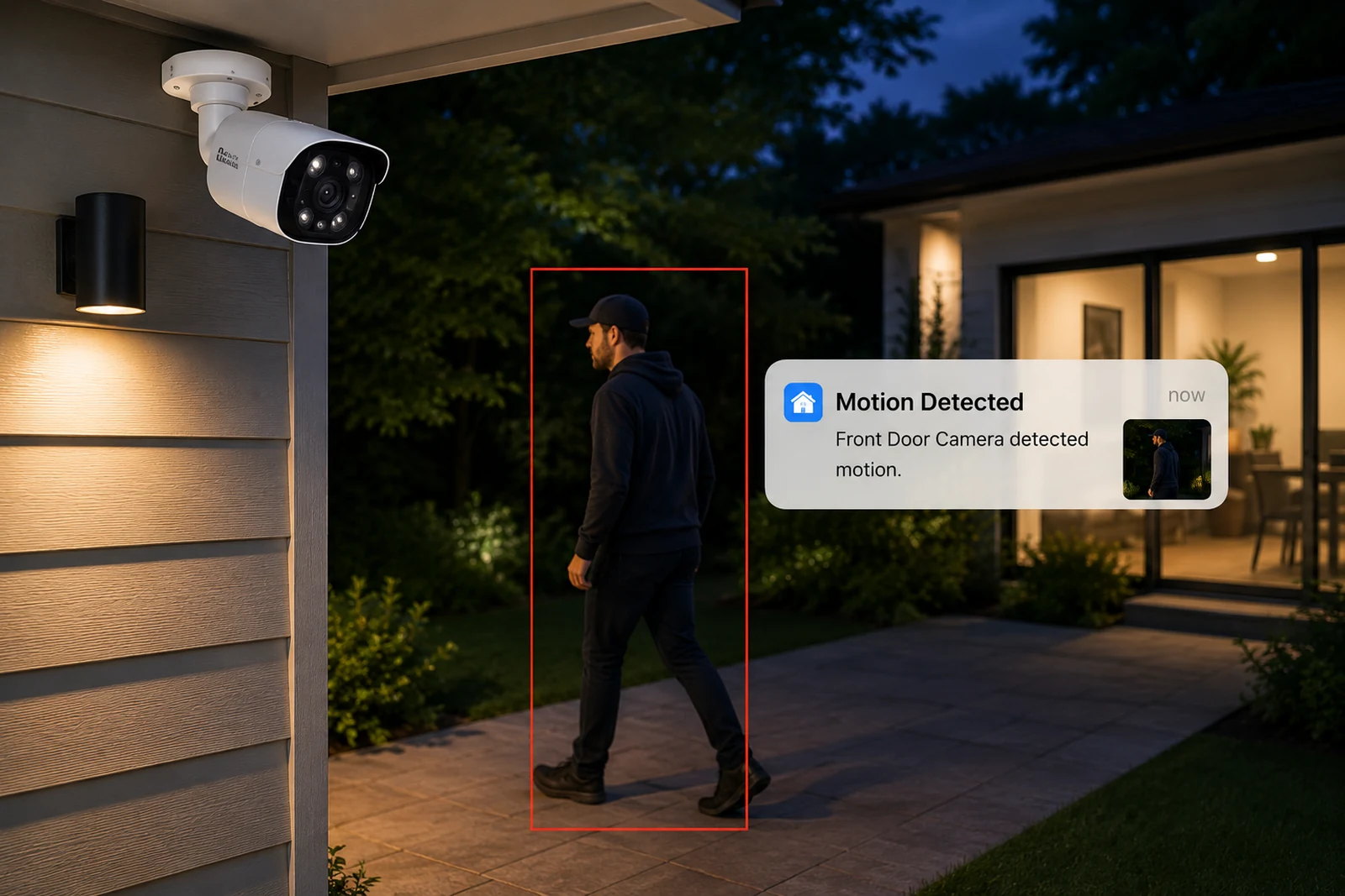 Front-door security camera detecting motion at night with a phone alert