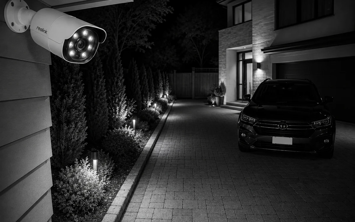 Security camera with clear night vision over a driveway and parked car at night