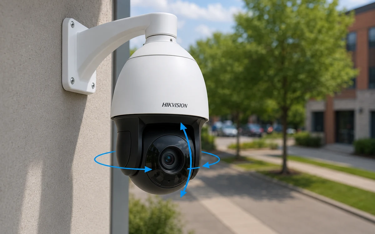 Outdoor PTZ security camera panning, tilting and zooming to cover a wide area